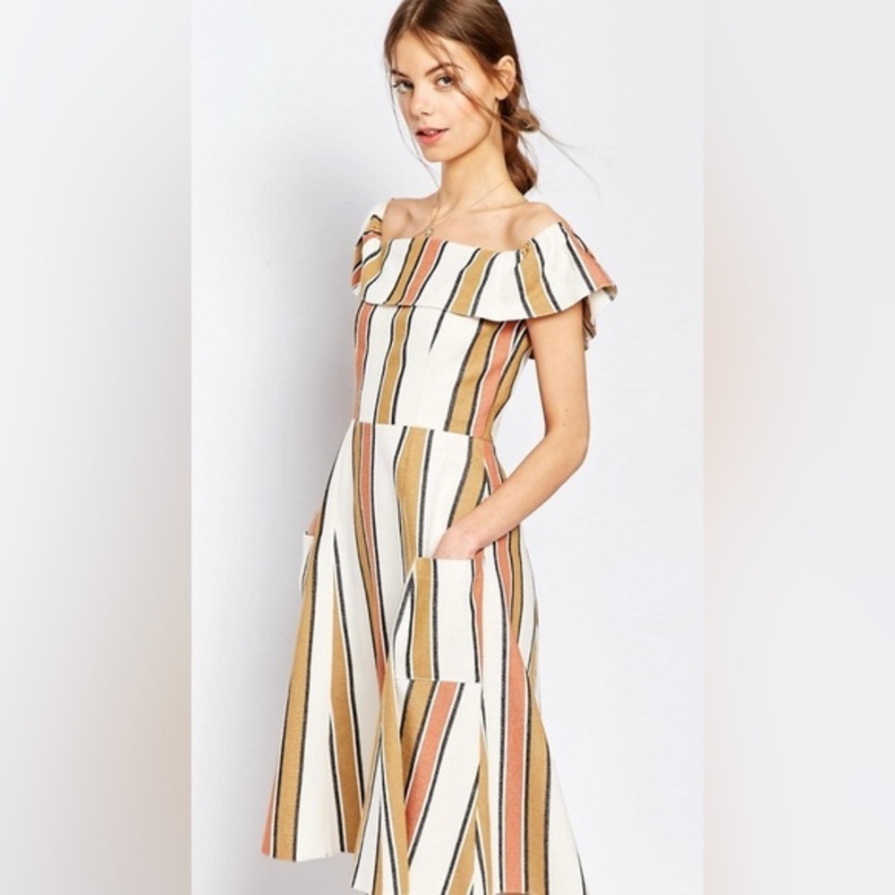 ASOS Off Shoulder Stripe Sundress in Natural Fibre with‎ Retro Vibes Women’s 8